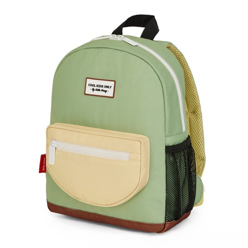 Mochila escolar verde almendra y amarillo pálido talla 2-5 años y +6 años