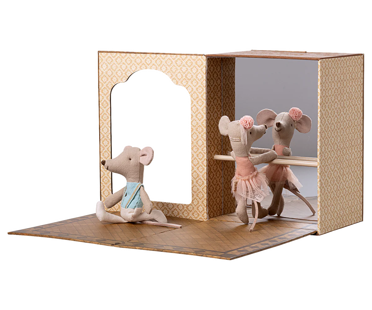 Ratones ballet en estudio de danza, hermana y hermano pequeños Maileg