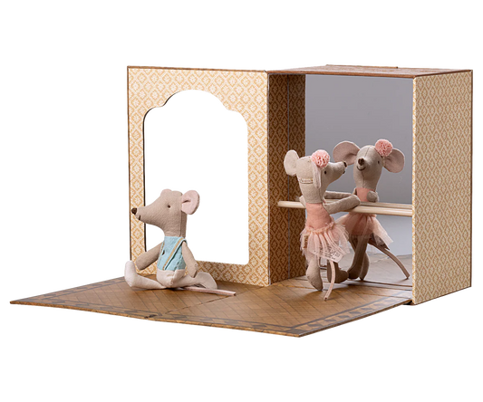 Ratones ballet en estudio de danza, hermana y hermano pequeños Maileg